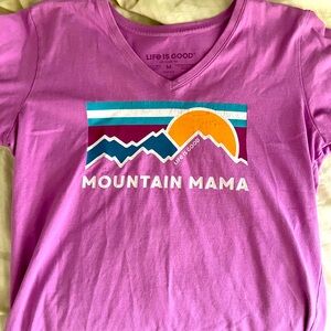 Purple Life is Good Crusher graphic tee with Mountain Mama sunrise graphic 🏔